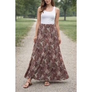 Roz‎ & Ali Paisley Maxi Skirt Womens Large Brown Tan Boho Lined A-Line Flowy
